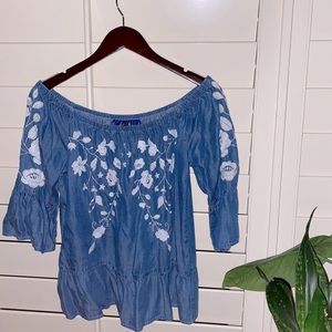 off the shoulder denim and lace top